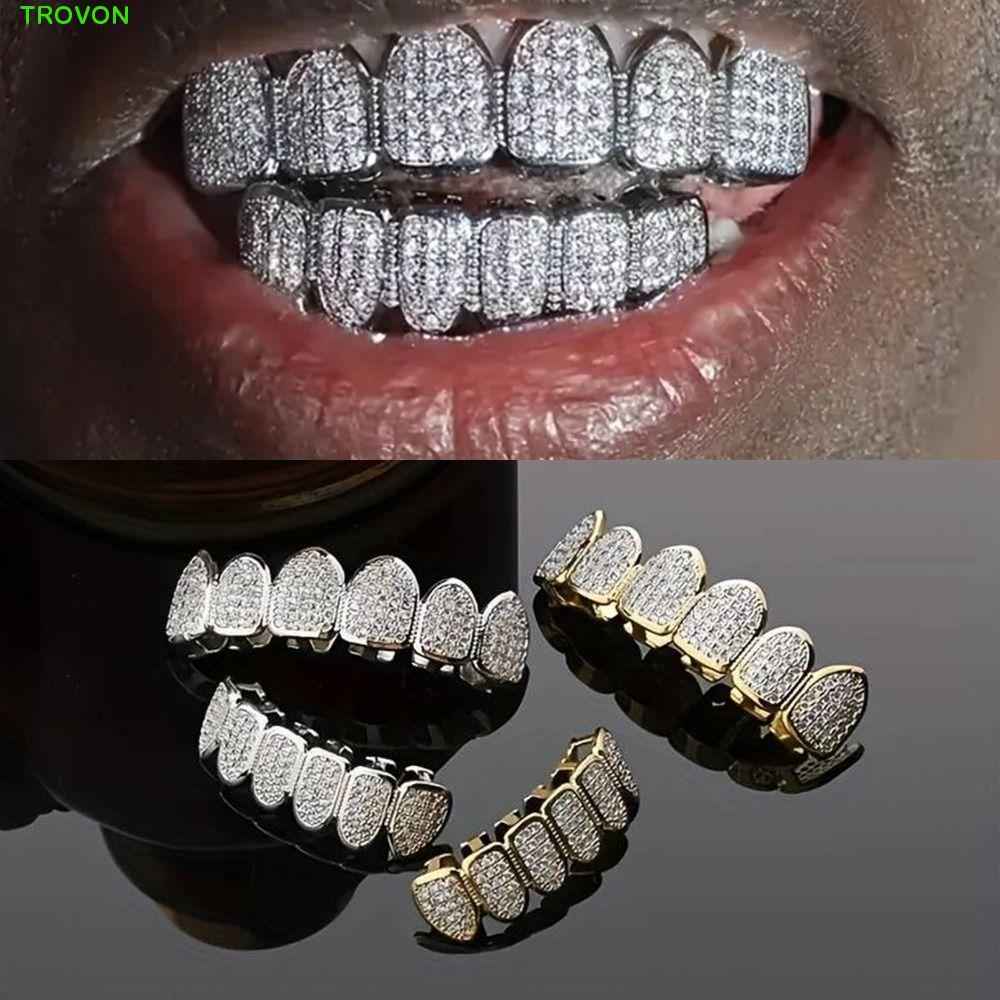 TROVON Hiphop Răng Grillz, Hip Hop Top & Bottom Set Răng Grillz Set, Thời Trang Rỗng Kim Cương Giả T