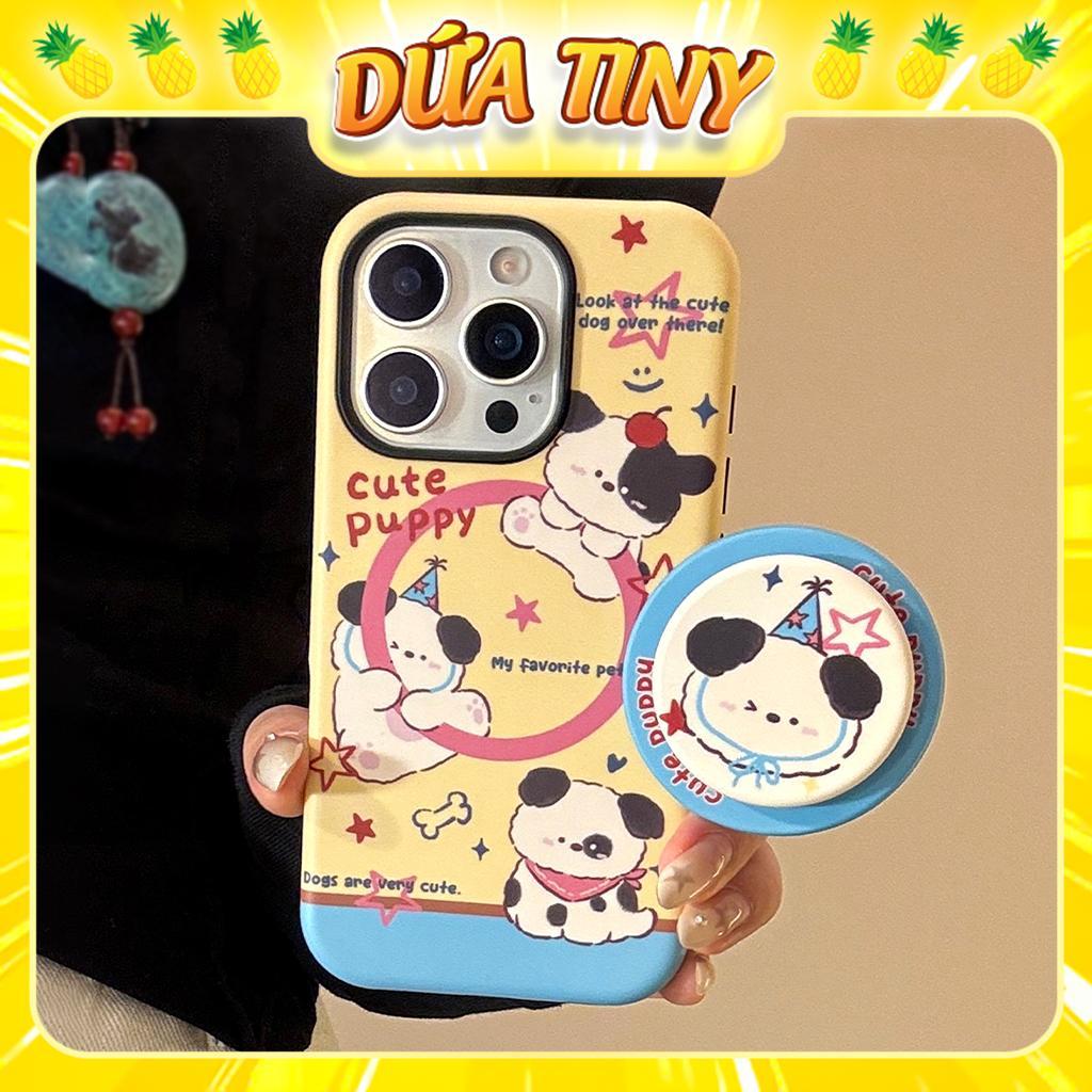 Ốp iPhone Cute Puppy Case Và Pop Socket Từ Tính, 2 Lớp Dẻo Chống Xước Máy Phong Cách Hàn Quốc