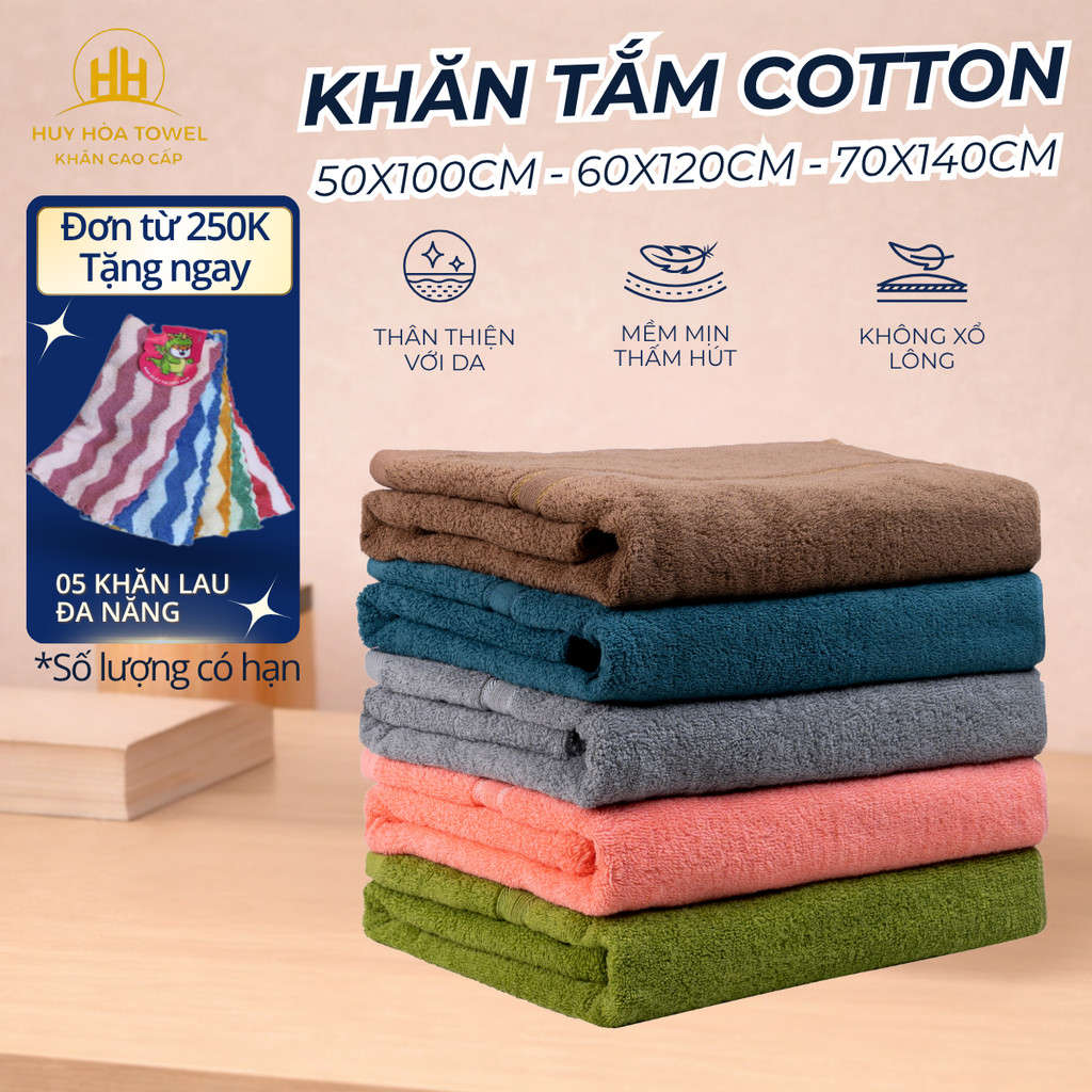 Khăn Tắm Khách Sạn 50x100cm 60x120cm 70x140cm Huy Hoà Towel 100% Cotton Cao Cấp Mềm Mịn Thấm Hút To Dày Mềm Mịn