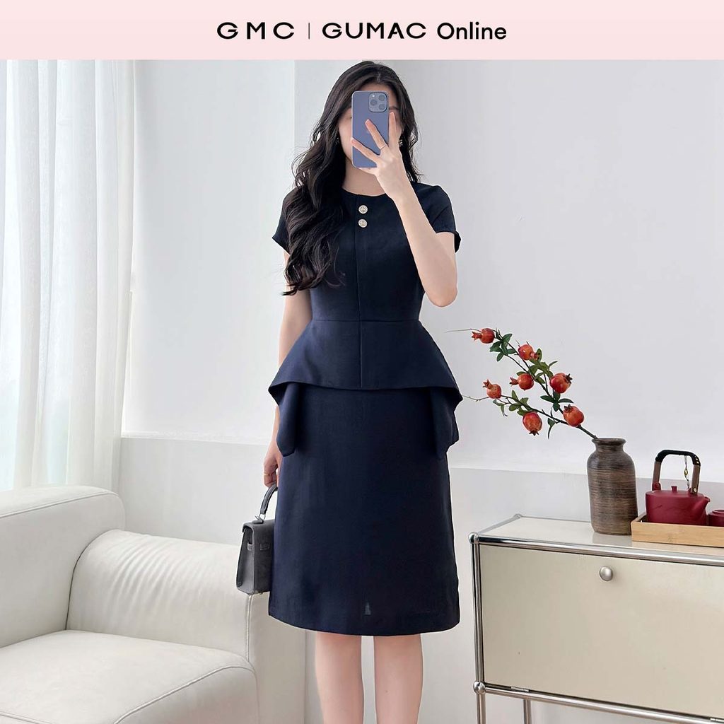 Đầm peplum xanh đen thiết kế 2 lớp có đính nút thanh lịch công sở dự tiệc thời trang GUMAC DE12066
