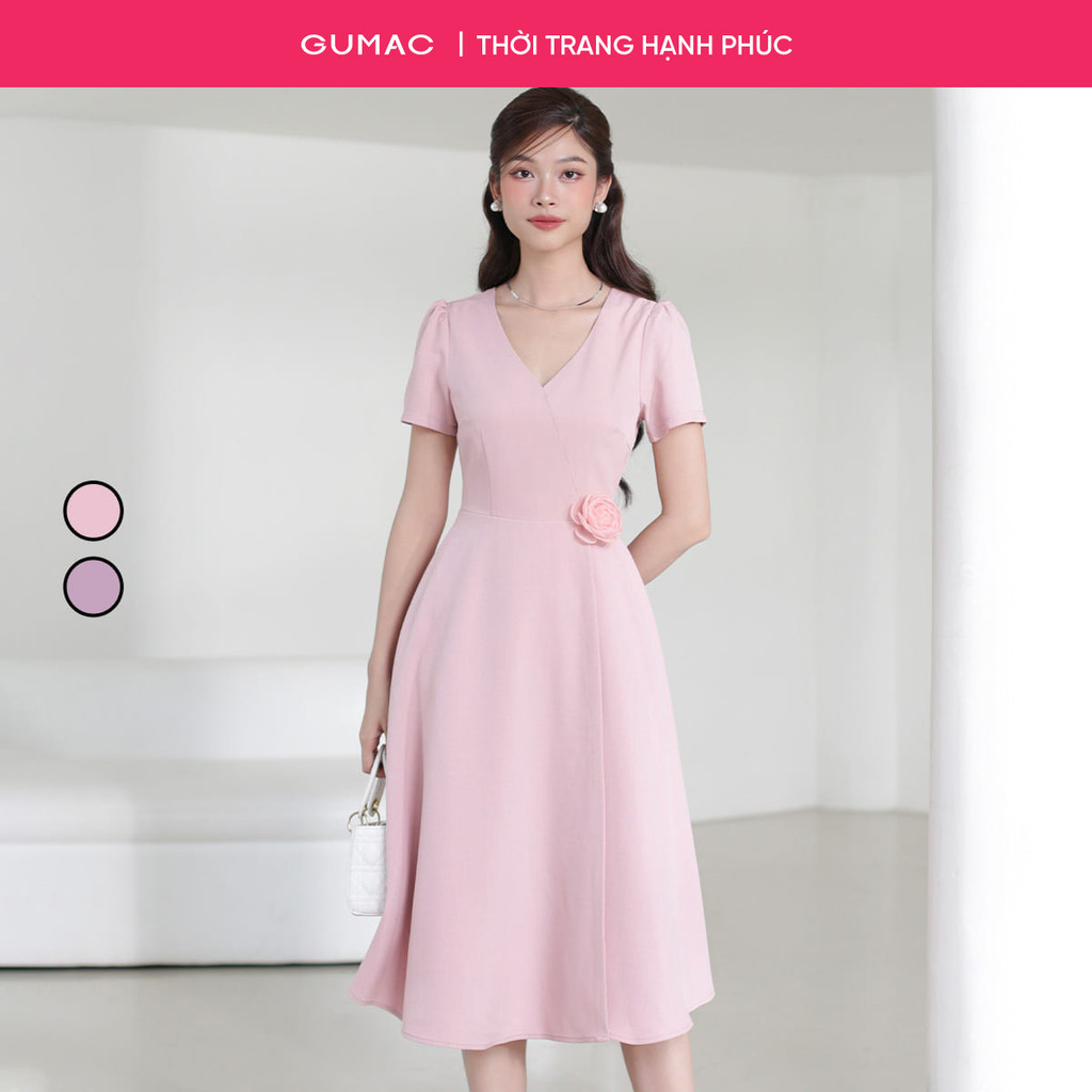 [SALE] Đầm nữ GUMAC A xòe cổ tim đính hoa hồng tím nữ GUMAC tính thanh lịch  DE03017