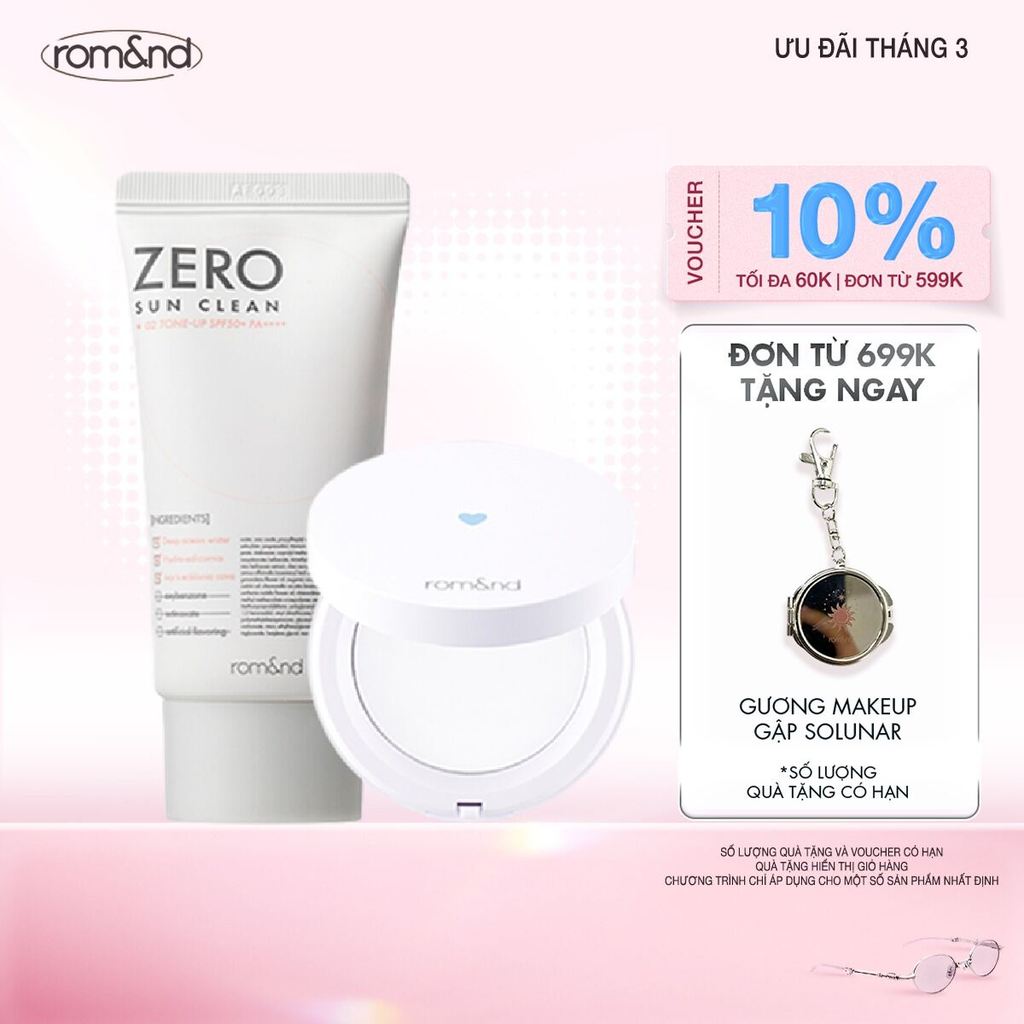 Combo Kem chống nắng Romand Zero Sun Clean 50g + Phấn phủ dạng nén Romand Better Than Finish 12g