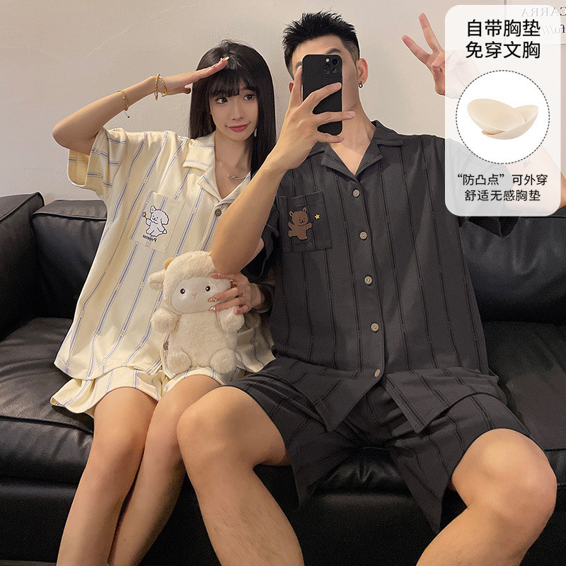 情侣睡衣夏季短袖短裤女士可爱男士可外穿开衫休闲家居服Couple Pajamas Summer Short Sleeve Shorts Women Cute Mentevkykw1234vn20260