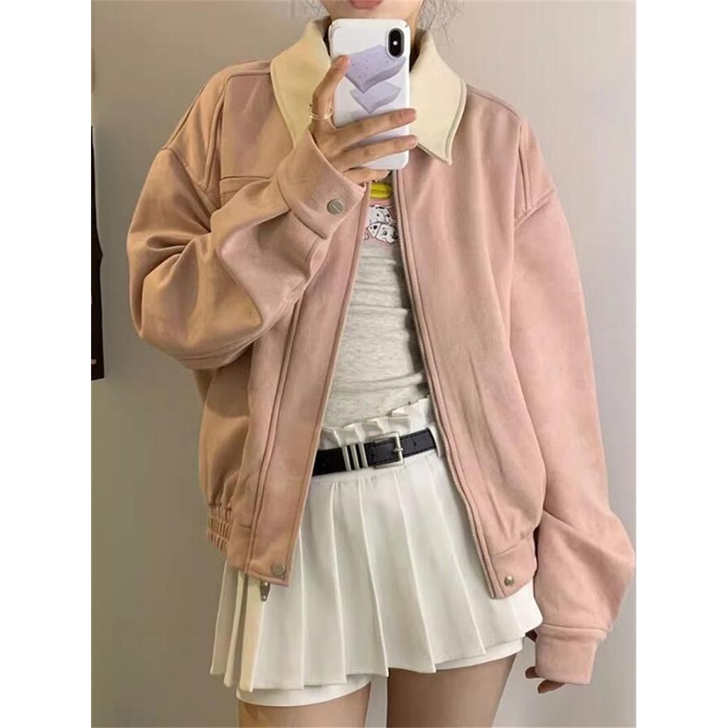 Thu Đông Quần Áo Áo Áo Khoác Siêu Đẹp Hồng Mỹ Phong Cách Mới Áo Khoác Thiết Kế Ve Áo Đồng Phục Bóng 