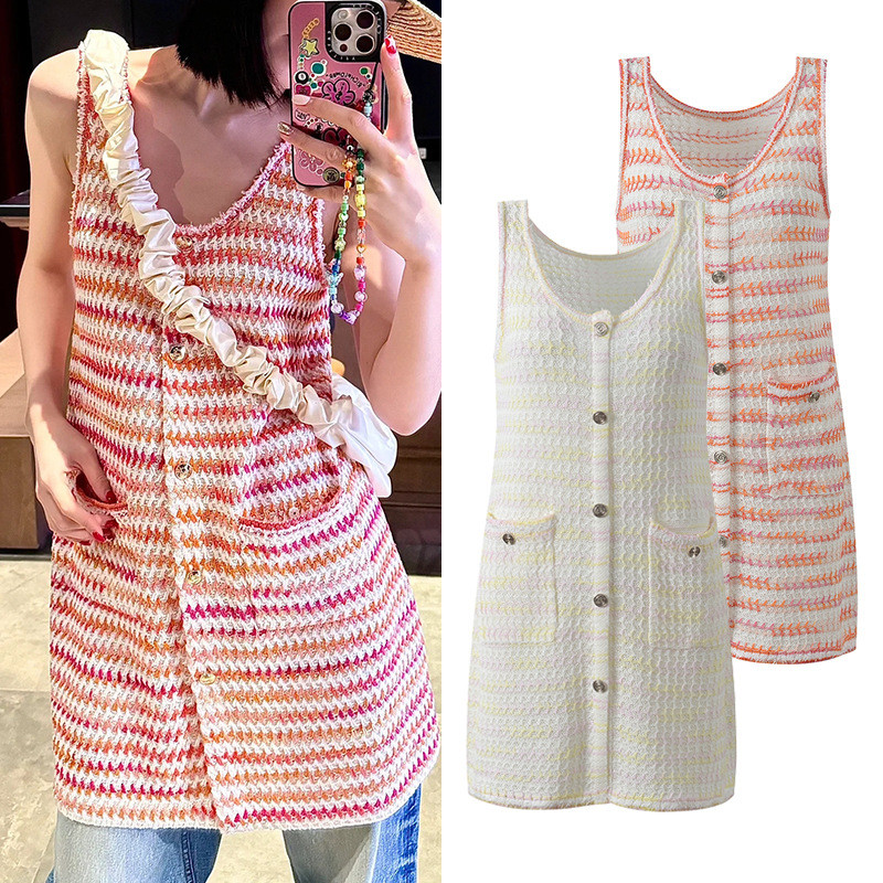 A0BK Sand‘’‘’ 2025Summer New Design Gradient Tweed Fresh Sweet Fashion Versatile Sleeveless Knitted 