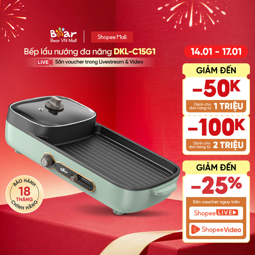 [Livestream] Bếp Lẩu Nướng Điện 2 Ngăn Đa Năng 2in1 Bear 3L DKL-C15G1 - Hàng Chính Hãng