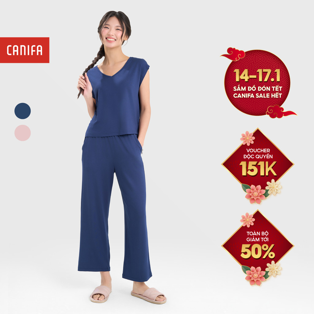 Bộ mặc nhà nữ CANIFA cổ tim sát nách quần dài 6LS25S008