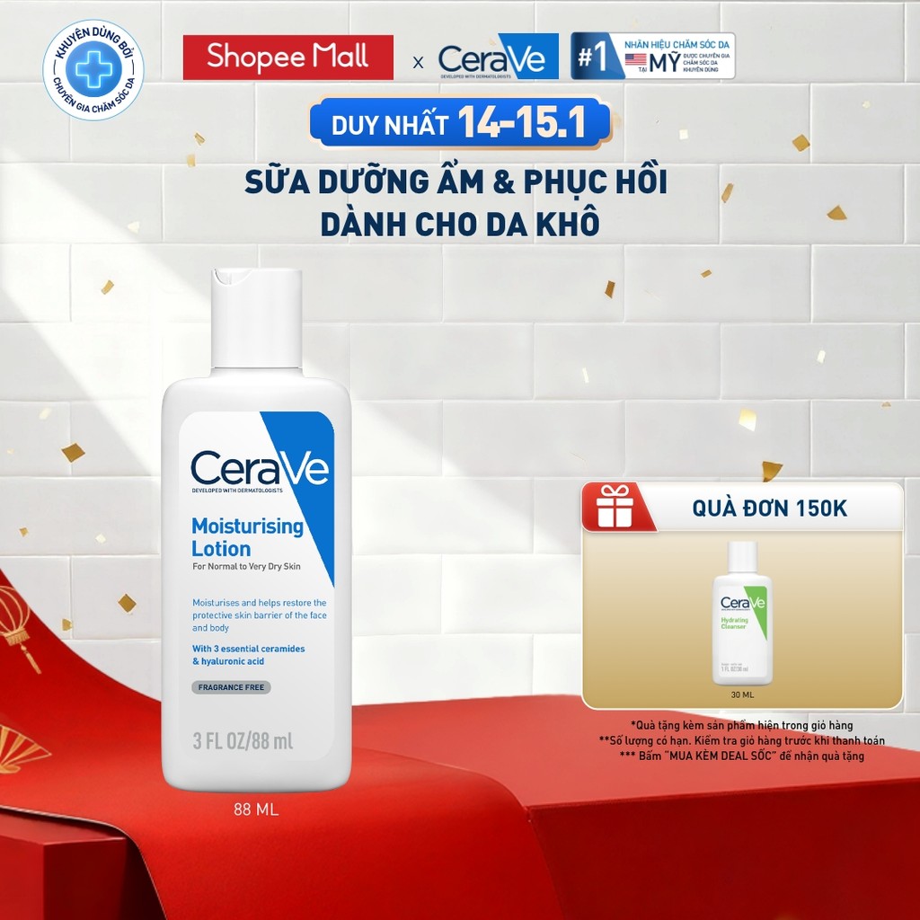 Sữa dưỡng ẩm phục hồi chuyên sâu và giữ da ẩm mịn suốt 48H CERAVE MOISTURISING LOTION 88ML