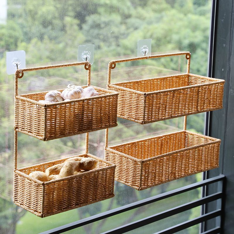 Spot Goods#Imitation Rattan Wall-Mounted Storage Basket Bathroom Wash Cosmetics Organizer Dormitory 