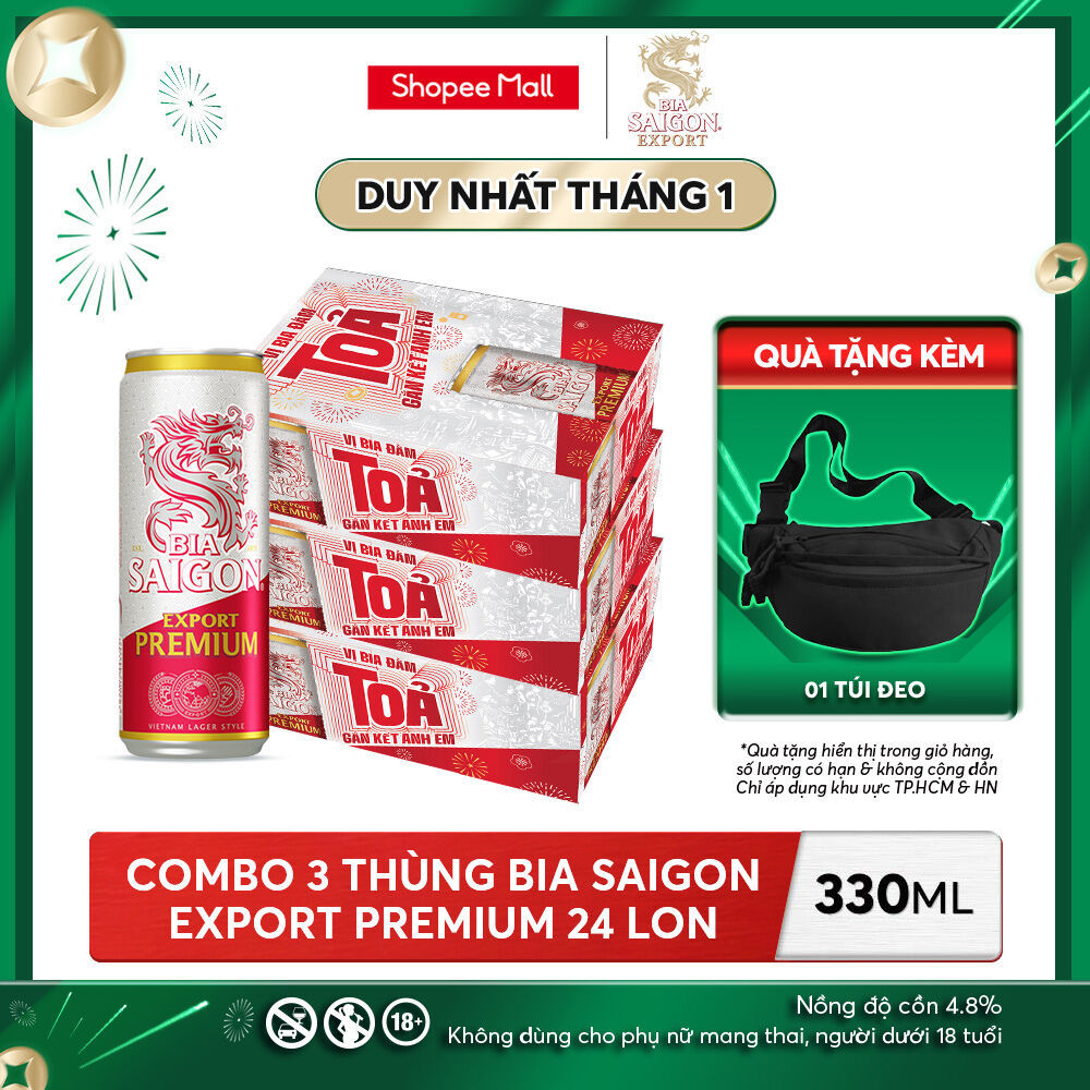 Nồng Độ Cồn 4.8% - Combo 3 Thùng 24 Lon Bia Sài Gòn Export Premium 330ml