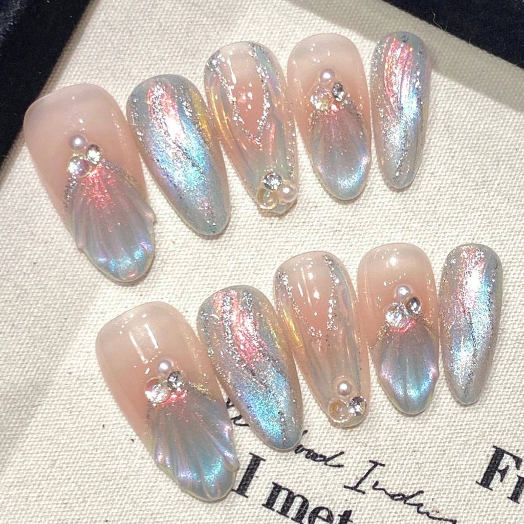bộ móng tay giả kèm keo móng giả Handmade Press on Nails Blue Aurora Mermaid Fake Nail