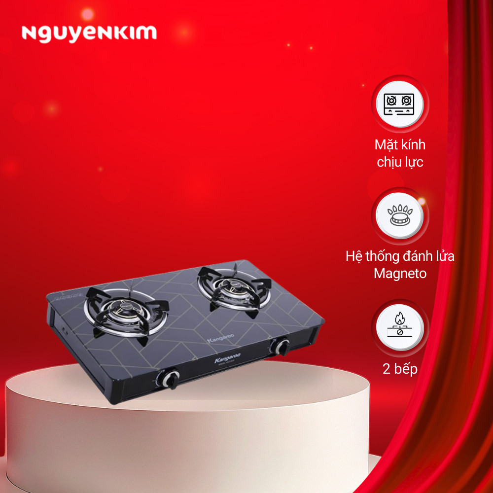 Bếp gas đôi Kangaroo KG526M - Kính cường lực, màu đen, 670x415x130mm