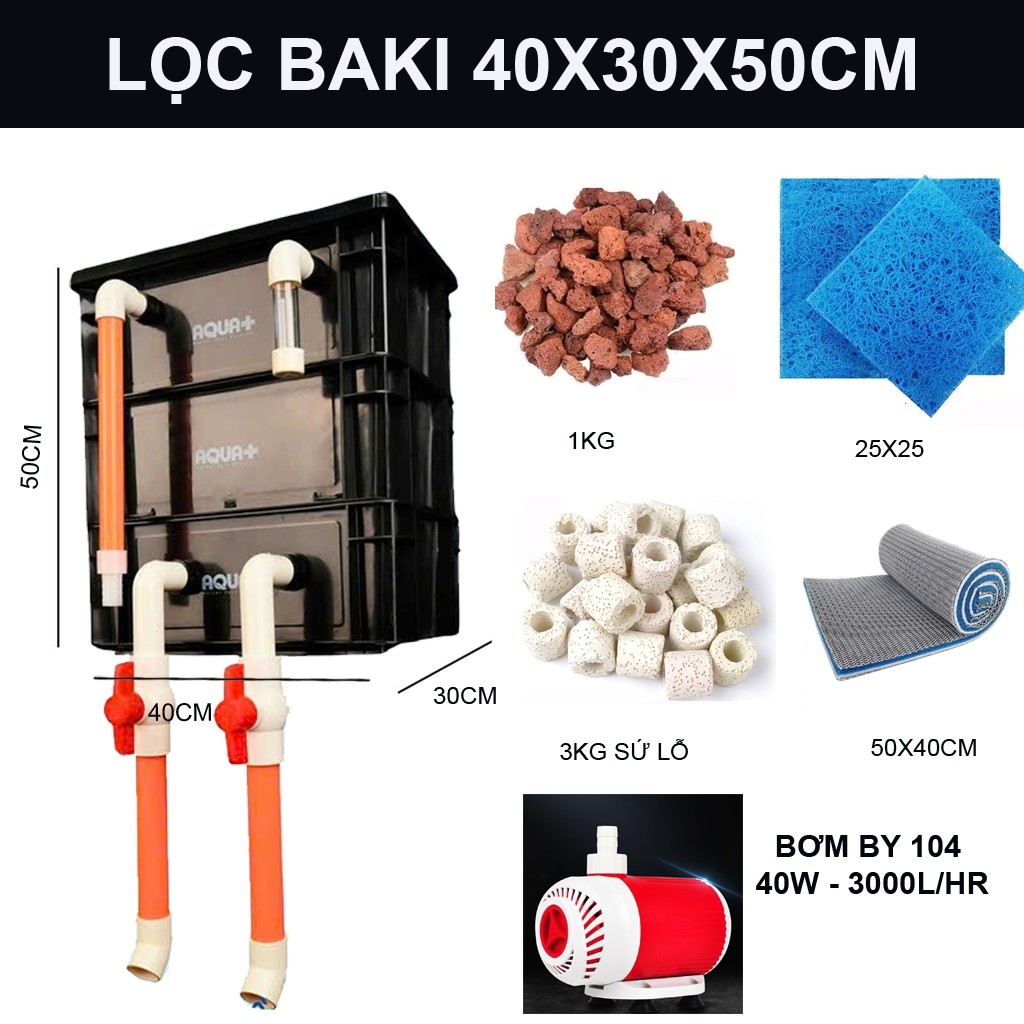 Combo Lọc Thùng Bakki 40x30x50 + Bơm Baoyu 104 & Vật Liệu Lọc: Hệ Thống Lọc Nước Bể Cá 400-600L