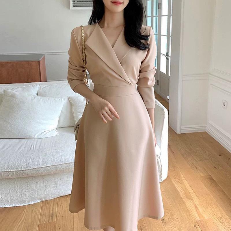 Đầm màu be kiểu pháp vintage body hack thun dáng che bụng basic nhẹ nhàng tay dài thanh lịch bigsize