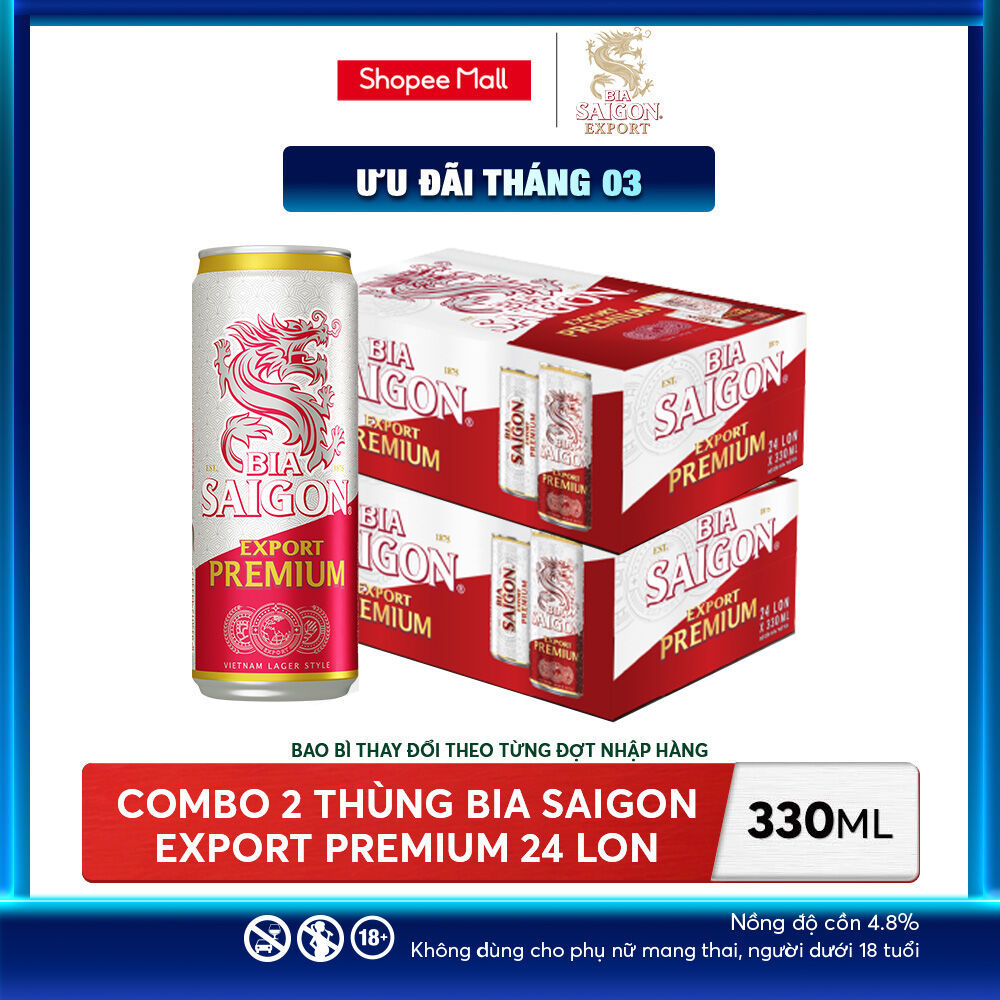 Nồng Độ Cồn 4.8% - Combo 2 Thùng 24 Lon Bia Sài Gòn Export Premium 330ml