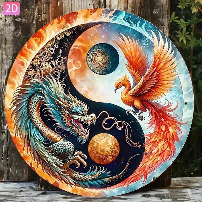 2D Flat, Dragon and Phoenix Yin Yang Design Nhôm Wall Art Sign, Vintage Asian-Inspired Decor for Hom