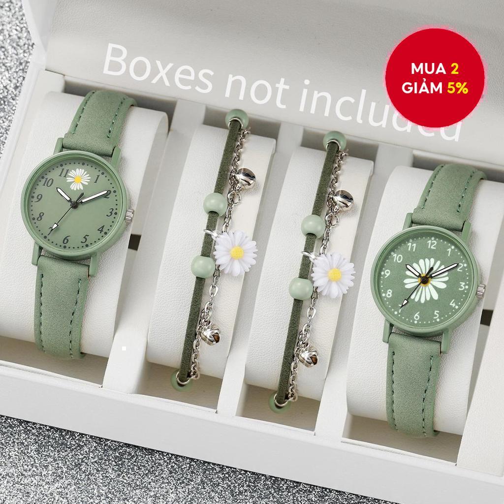Bộ 4 Đồng Hồ Thạch Anh Thời Trang Nữ Hoa Cúc Mặt Dây Da Vòng Tay Không Hộp