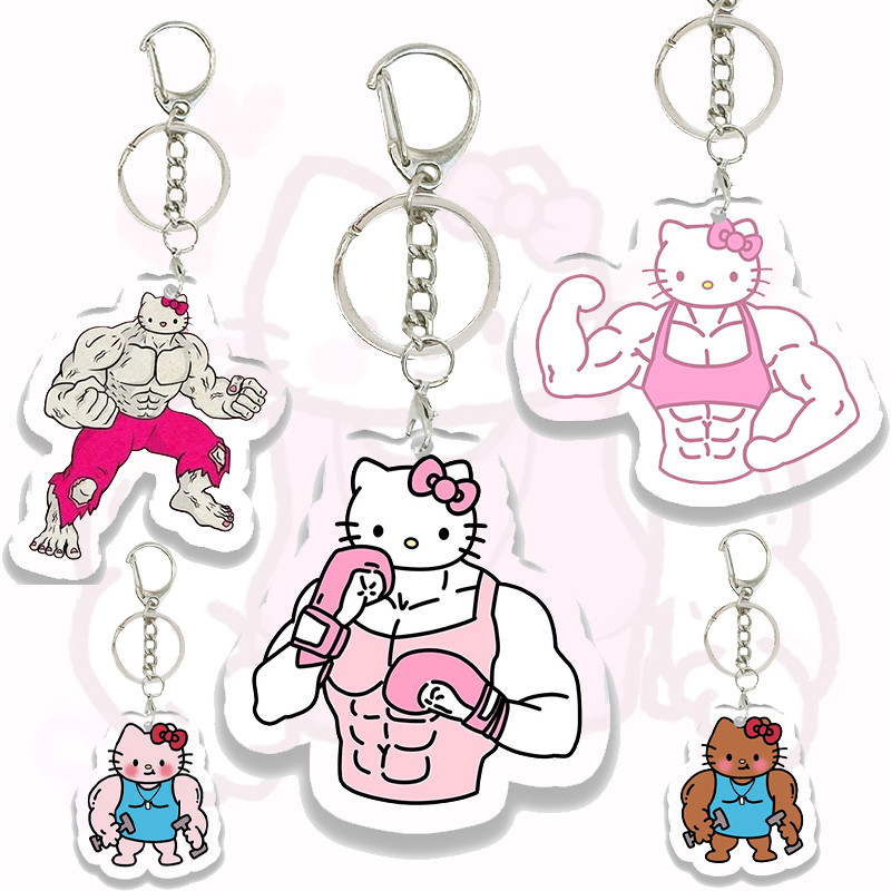 Creative Kawaii Hello Kitty My Melody Kuromi Muscle Acrylic Keychain Anime Cartoon Pendant Students 