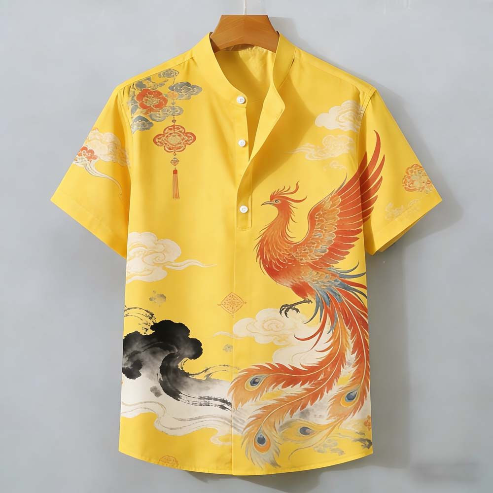 Áo sơ mi cổ đứng phong cách mới dành cho nam màu vàng Phoenix & Cloud Pattern Print