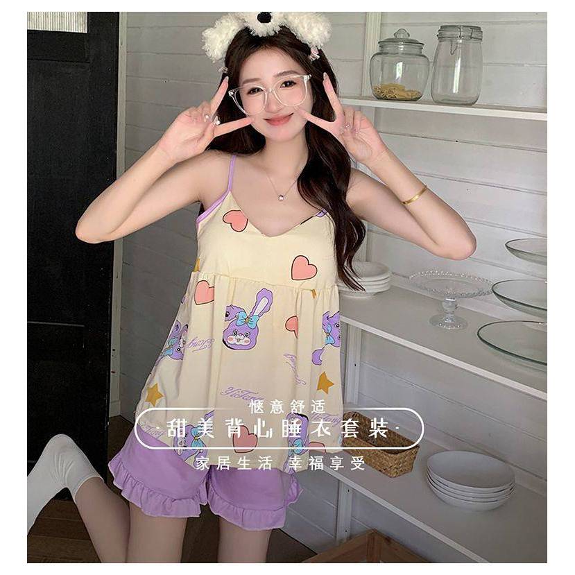Summer Suspender Pajamas Women's Korean Style Sweet Girl's Two-Piece Homewear jJaQ