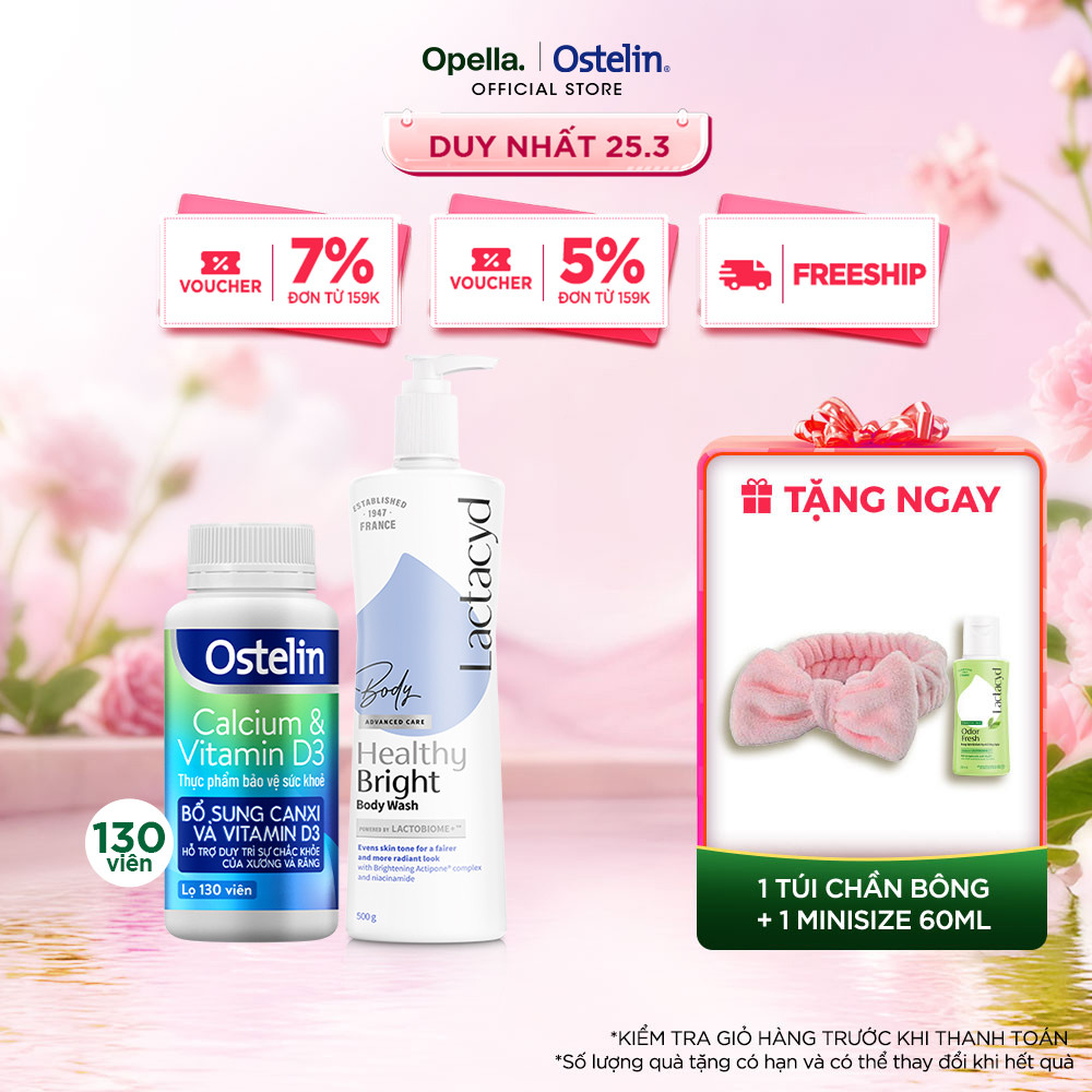 Ostelin Viên Uống Hỗ Trợ Bổ Sung Calcium & Vitamin D3 130 viên + Sữa tắm Lactacyd Healthy Bright 500