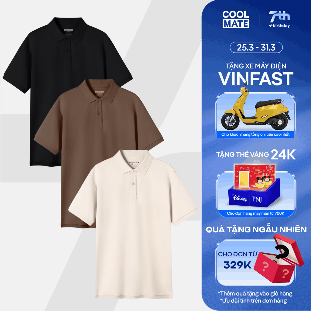 Combo Pack 3 áo thun nam Polo Pique Cotton mềm mại, bền màu Coolmate
