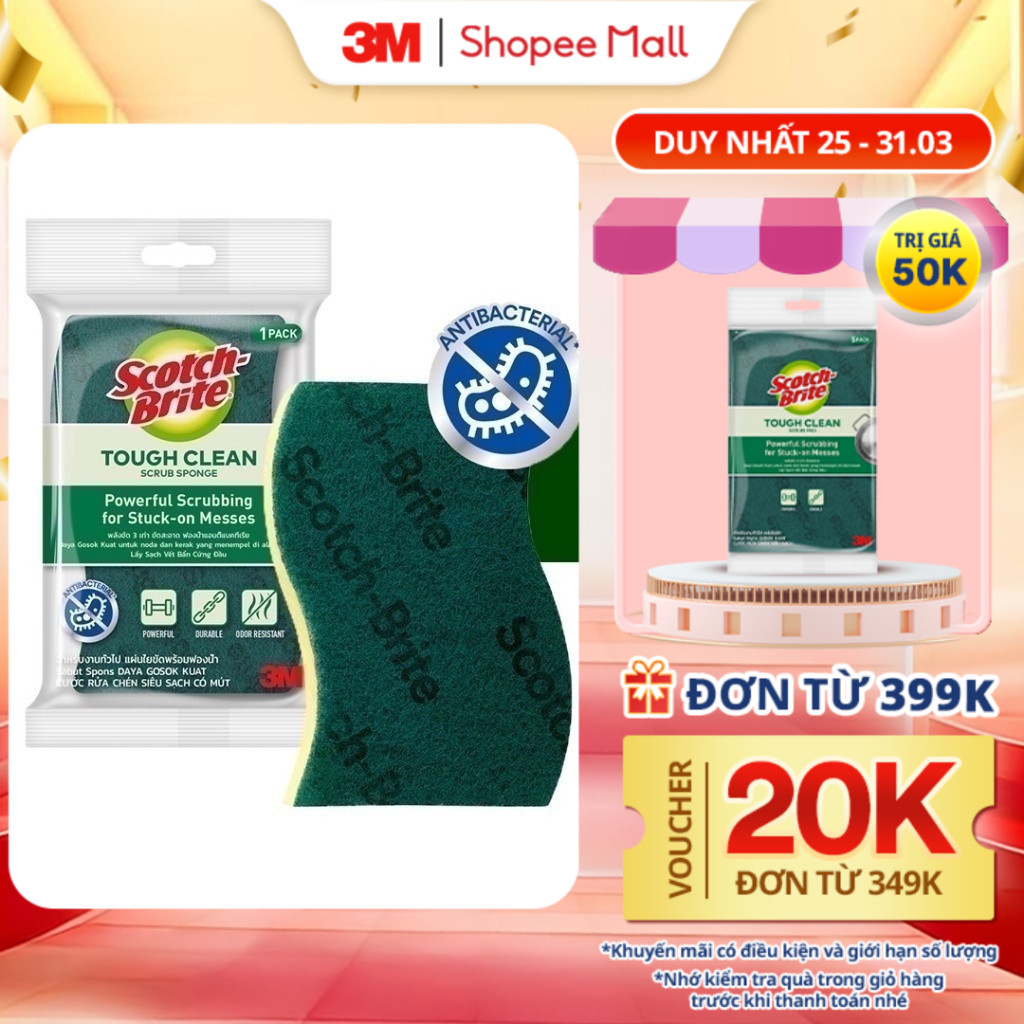 Cước rửa chén 3M™ Scotch-Brite®, kháng khuẩn, 2 mặt chống trầy, gói 3 miếng, xanh/ hồng, Làm sạch các vết bẩn cứng đầu