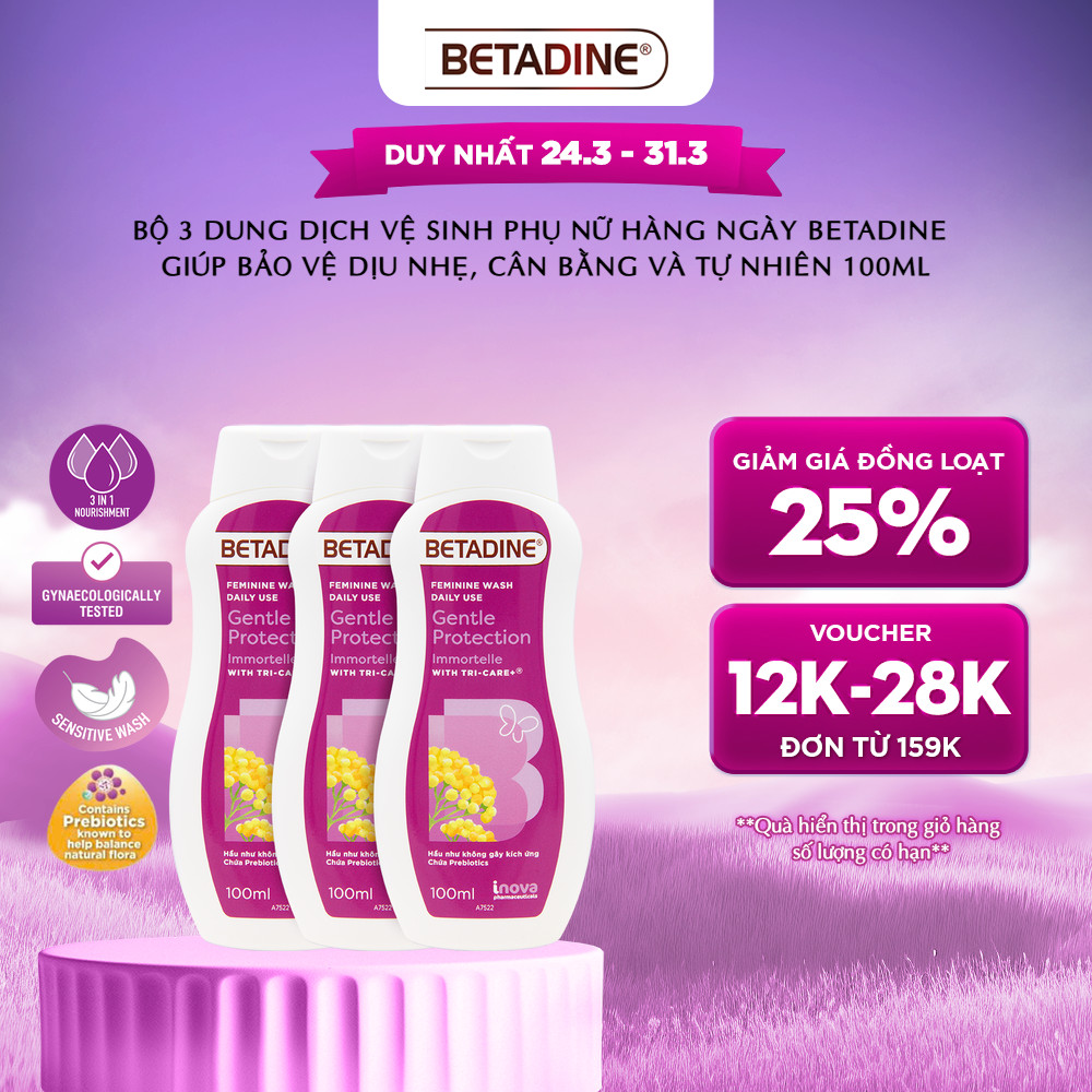 Bộ 3 Dung dịch vệ sinh phụ nữ Betadine Bảo Vệ Dịu Nhẹ 100ml (100ml x 3)