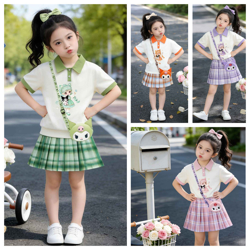 Bé Gái JK Phù Hợp Với Trẻ Em Polo Top Dress Hai Mảnh Phù Hợp Với Trẻ Em Hoạt Hình Dễ Thương jk Suit