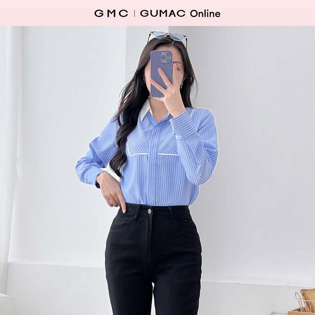Áo sơ mi nữ tay dài sọc xanh phối viền trắng công sở thanh lịch kate mềm thời trang GUMAC LAF0531