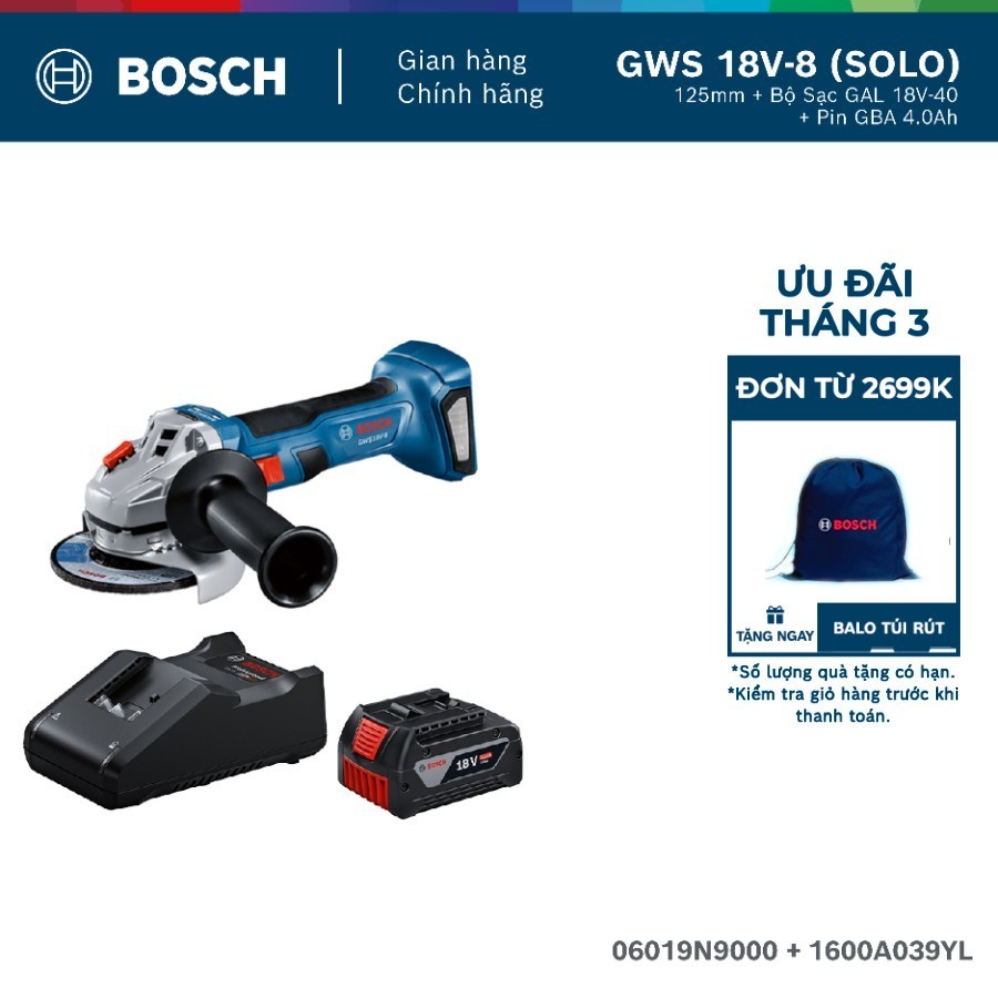 Máy mài góc pin GWS 18V-8 125mm + Bộ Sạc GAL 18V-40 và 1 Pin GBA 4.0Ah MỚI