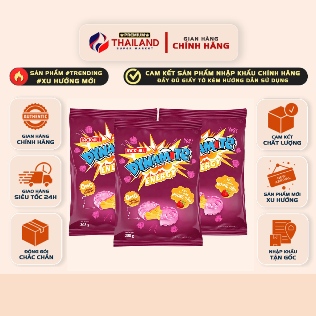[MẪU MỚI] Kẹo Tăng Lực Dynamite Energy Nhân Dâu (Gói 308g) – Vị Dâu Ngọt Dịu, Nhân Trái Cây Bùng Nổ