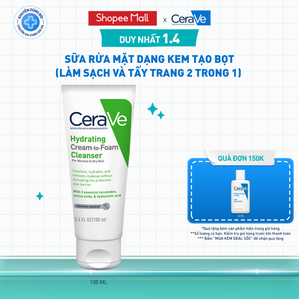 Sữa rửa mặt CeraVe dạng kem tạo bọt (làm sạch và tẩy trang 2 trong 1) Hydrating Cream-to-Foam Cleans