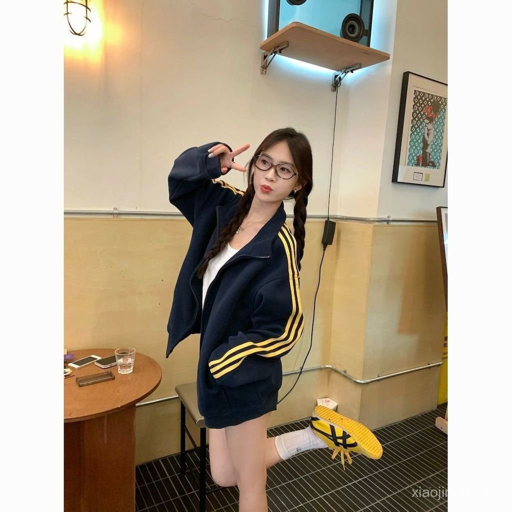 Cardigan Retro Mỹ IWOOD - Áo rời dây kéo tay dài, cổ đứng, màu tương phản