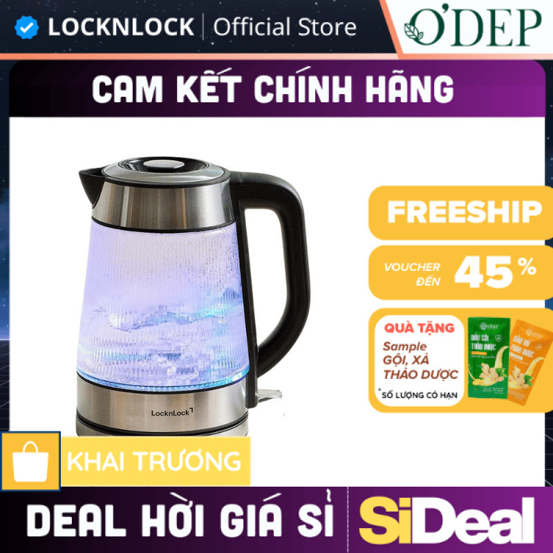 Ấm siêu tốc LocknLock 1.8L có LED, lưới lọc, bằng thủy tinh Glass Electric Kettle EJK256BLK - SIDEAL