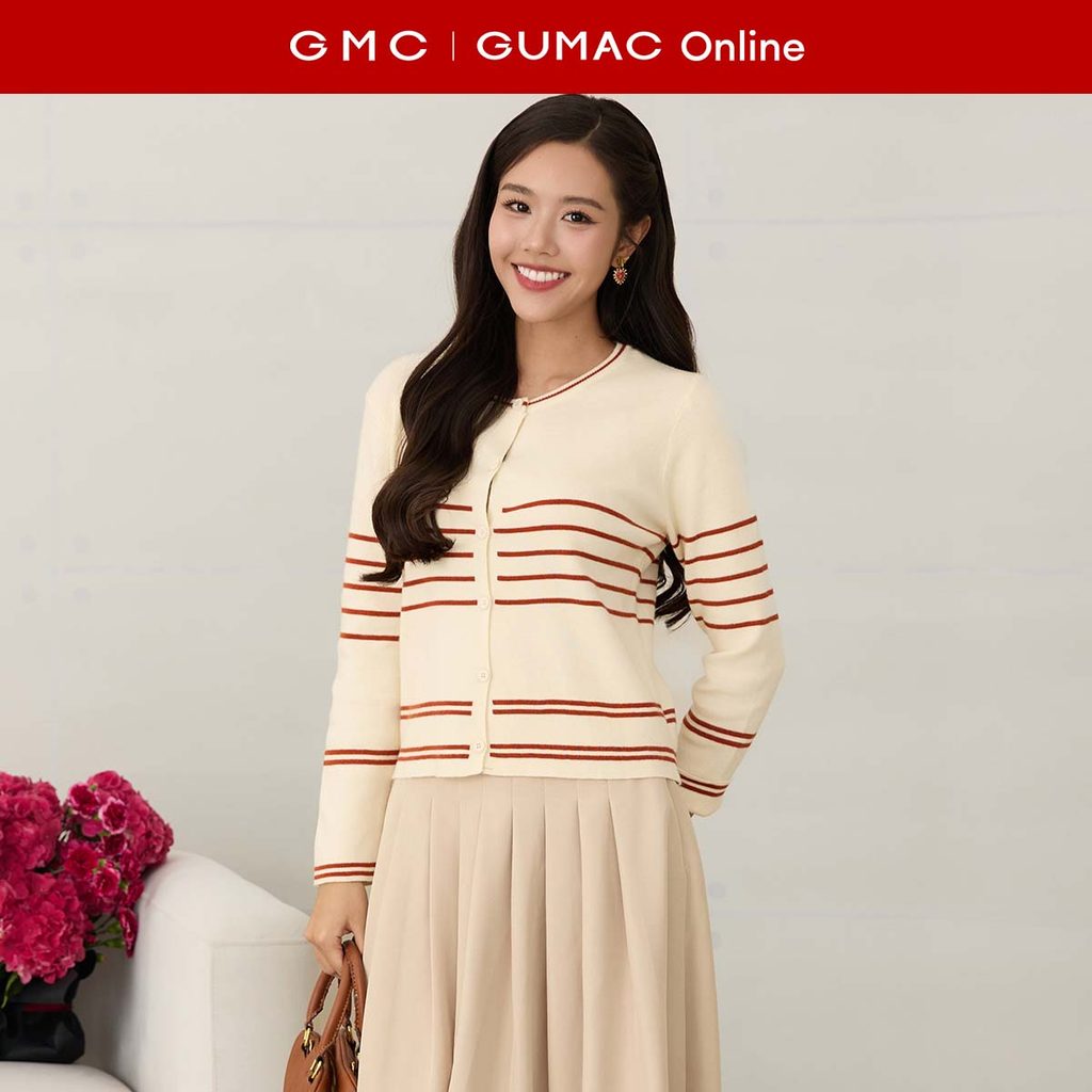 Áo khoác cardigan nữ GUMAC phom suông cổ tròn phối sọc màu chất len mềm không túi AF12017