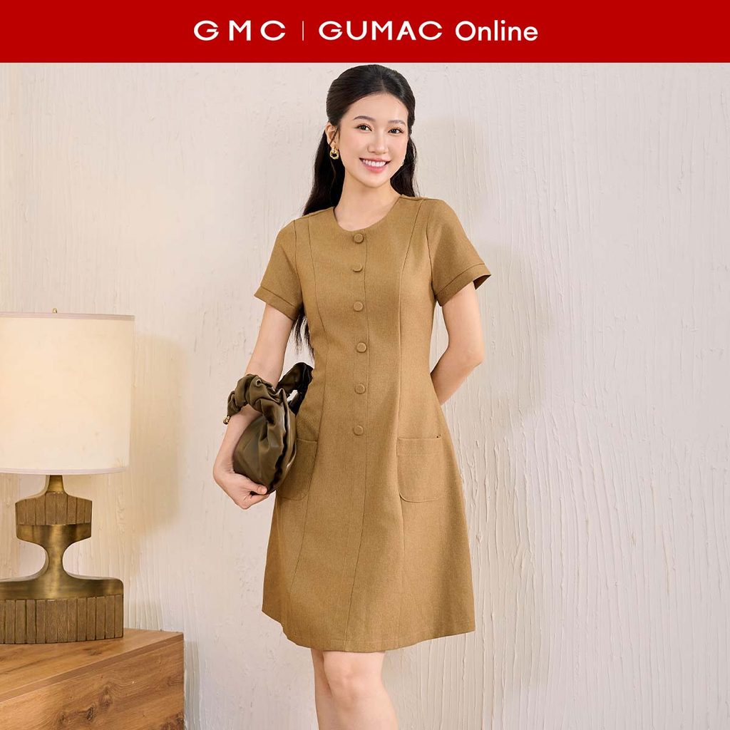 [MUA 2 GIẢM 25K] Đầm nữ dáng A cổ tròn tay ngắn đính nút trang trí thời trang GUMAC DF11005