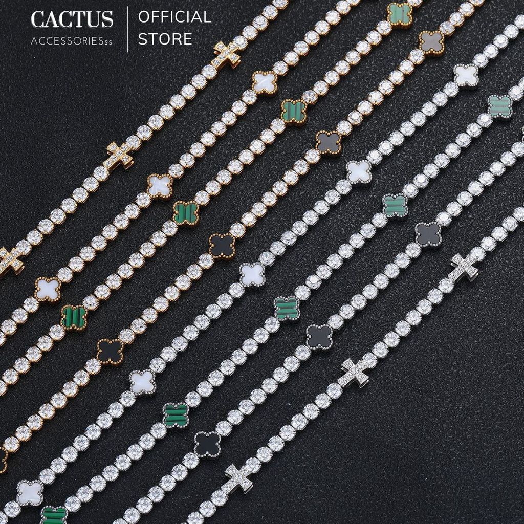 Vòng Tay Tennis Đính Đá Cactus Accessories Hoạ Tiết Cỏ Bốn Lá, Chữ Thập Freesize Nhiều Màu Sắc