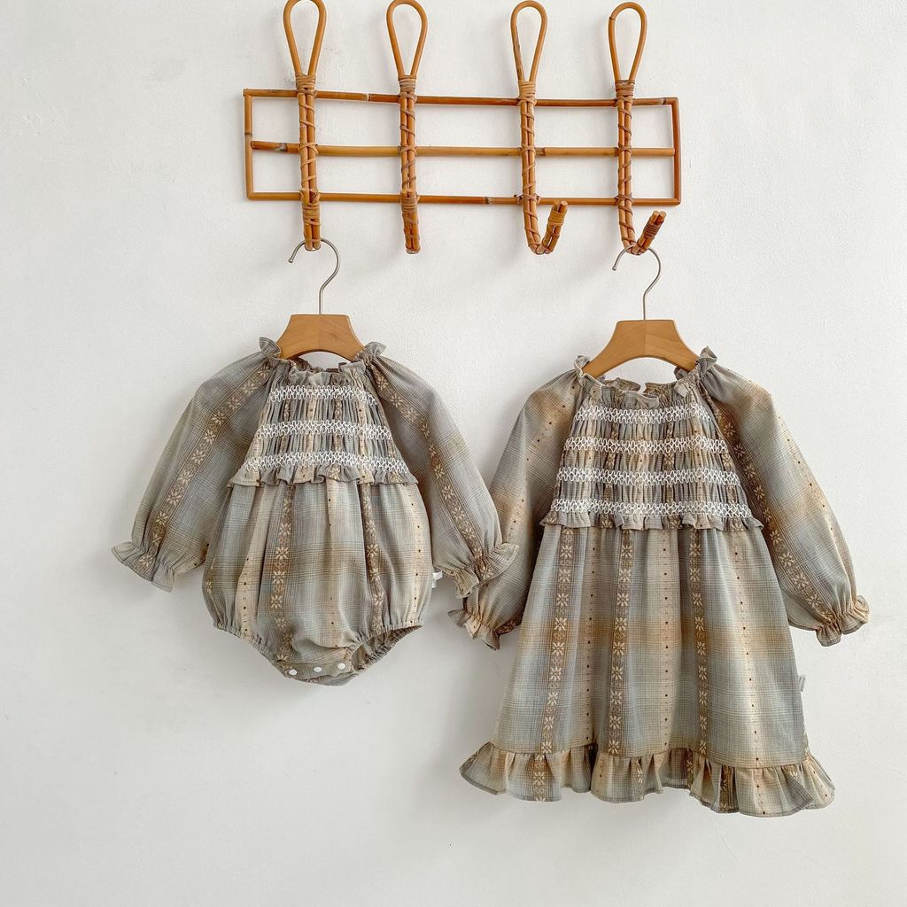 Phiên Bản Hàn Quốc Trẻ Em Bé Gái Nữ Kẻ Sọc Jacquard Dài Tay Đầm Bé Gái Áo Liền Quần Mùa Xuân 0HZH