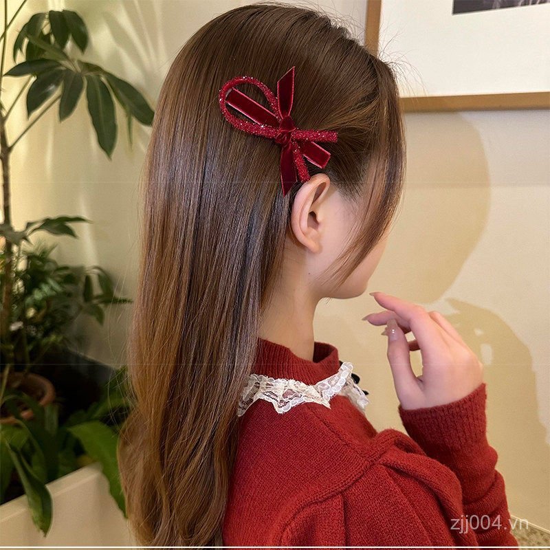 Nơ Tóc Đỏ Nhung Kẹp Bên Sang Trọng Cho Năm Mới 2026 - FHR7
