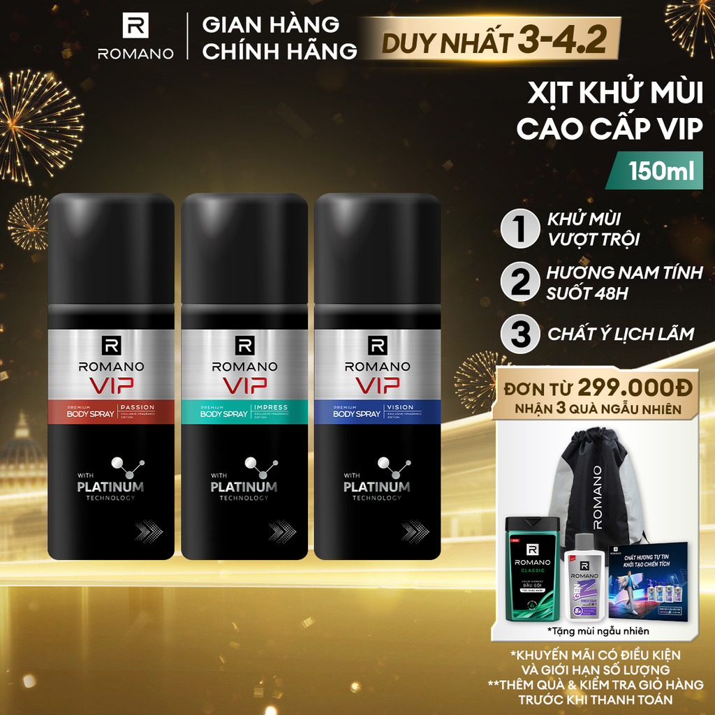 Xịt khử mùi cho nam cao cấp Romano VIP Passion / Vision / Impress 150ml