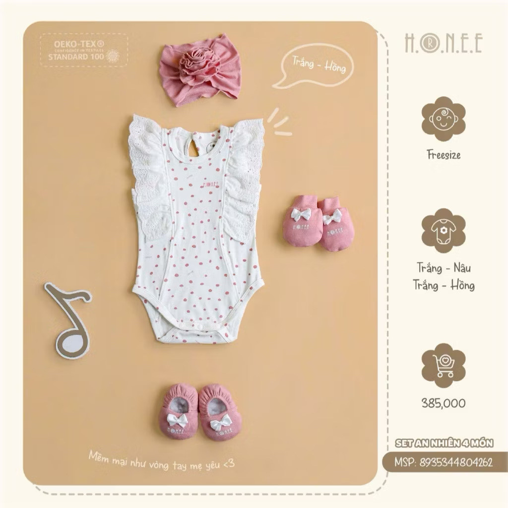 Set do so sinh HONEE An Nhien 4 mon cotton mem body chip bao tay bao chan