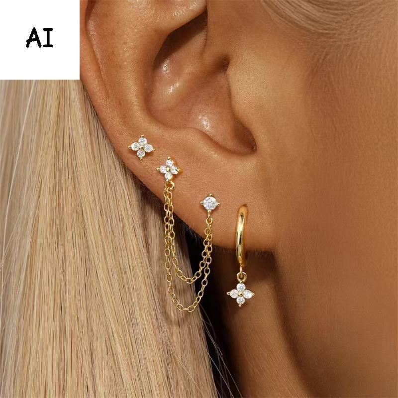 Bộ Trang Sức Nữ Bông Tai & Dây Chuyền 14K Mạ Vàng Với Kính Zircon Hình Hoa & Ngôi Sao