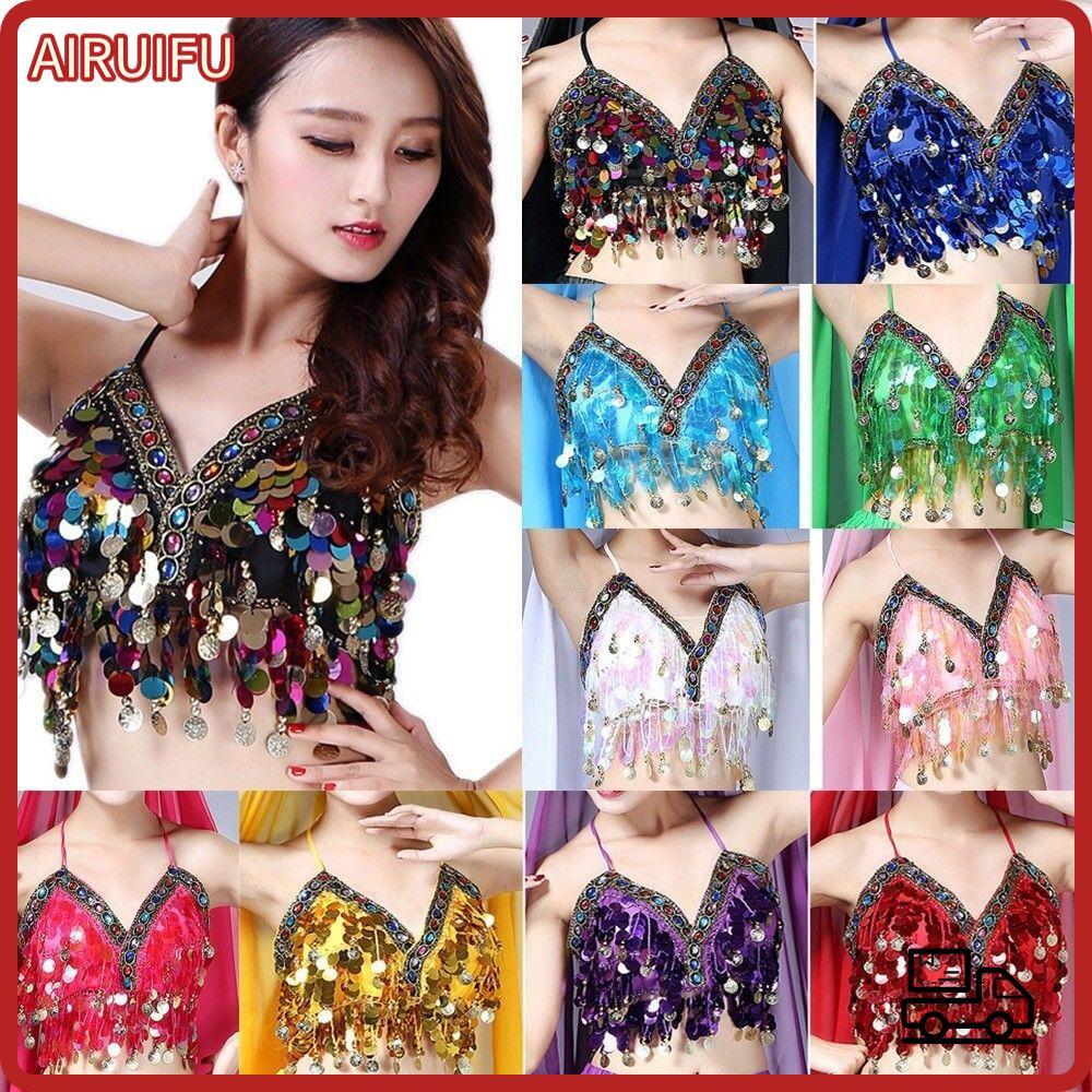 AIRUIFU Belly Dance Bra Stage Dance Wear Sequin Nightclub Áo ngực dây