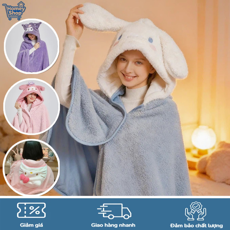 HomeyShop-Chăn ngủ trưa có mũ,70x140cm,Sanrio/Kuromi/Melody/Hello Kitty, mềm mại ấm áp