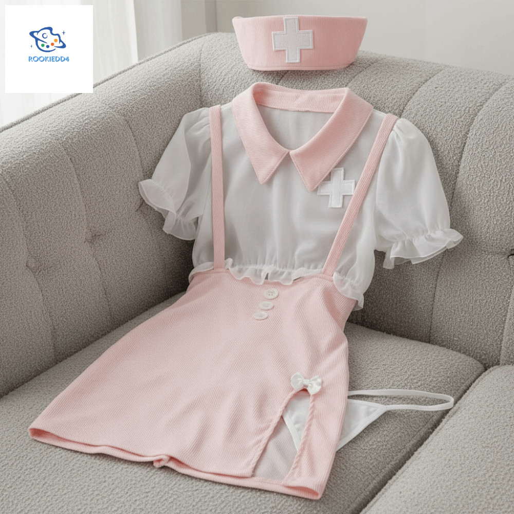 ROOKIEDD4 Lưới Váy Y Tá Đồng Phục, Áo Sơ Mi Tay Ngắn Lưới Eo Thấp Váy Y Tá Quần Lót, Đồ Lót Phong Cá