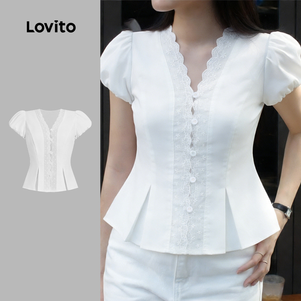 Lovito  Áo sơ mi trắng nữ kiểu dáng thường ngày với nút ren xếp ly cho mùa xuân/hè. L179AD153