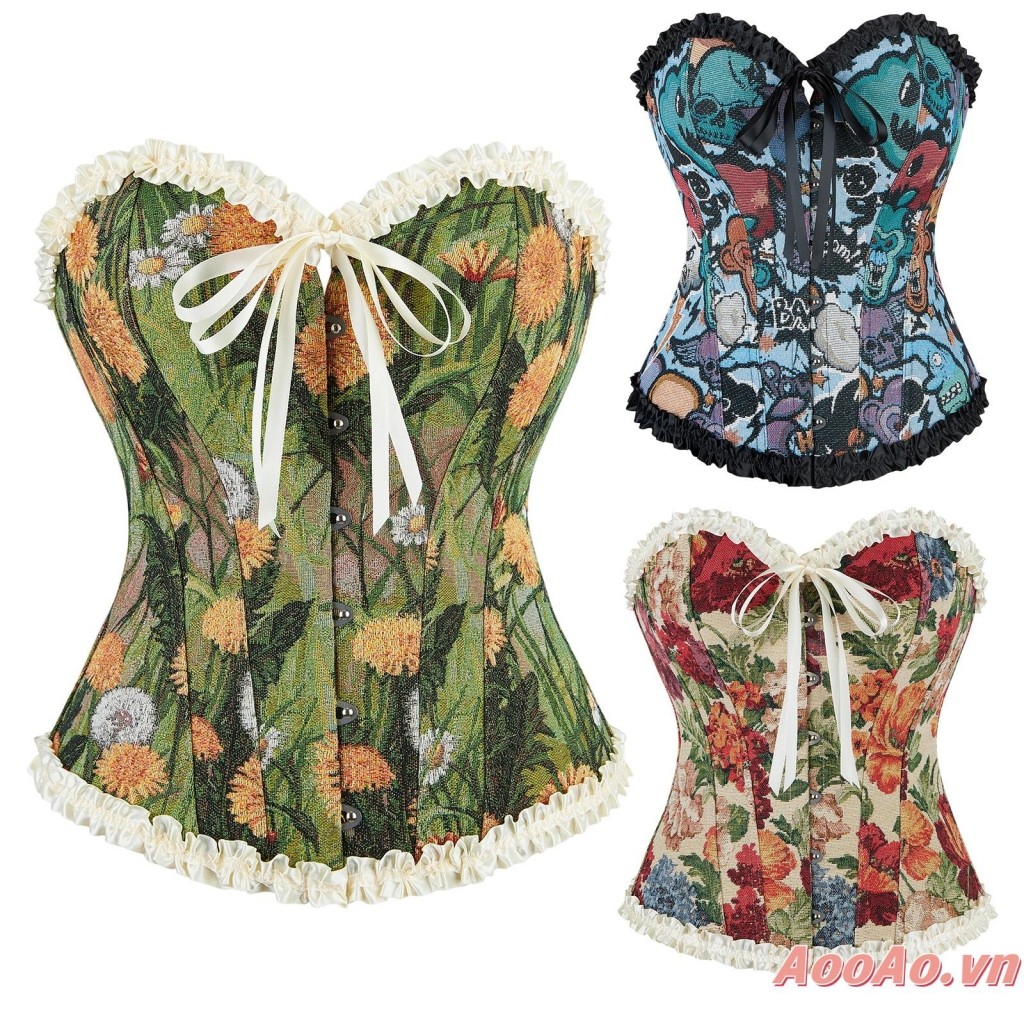 Nữ Vintage Hoa Overbust Corset Cắt Thấp Slim Fit Bustier Bodyshaper