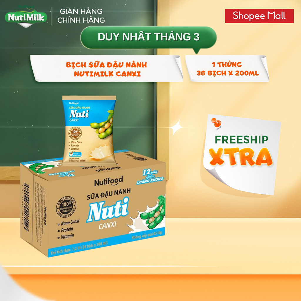 Thùng 36 Bịch Sữa Đậu Nành NutiMilk Canxi 200ml