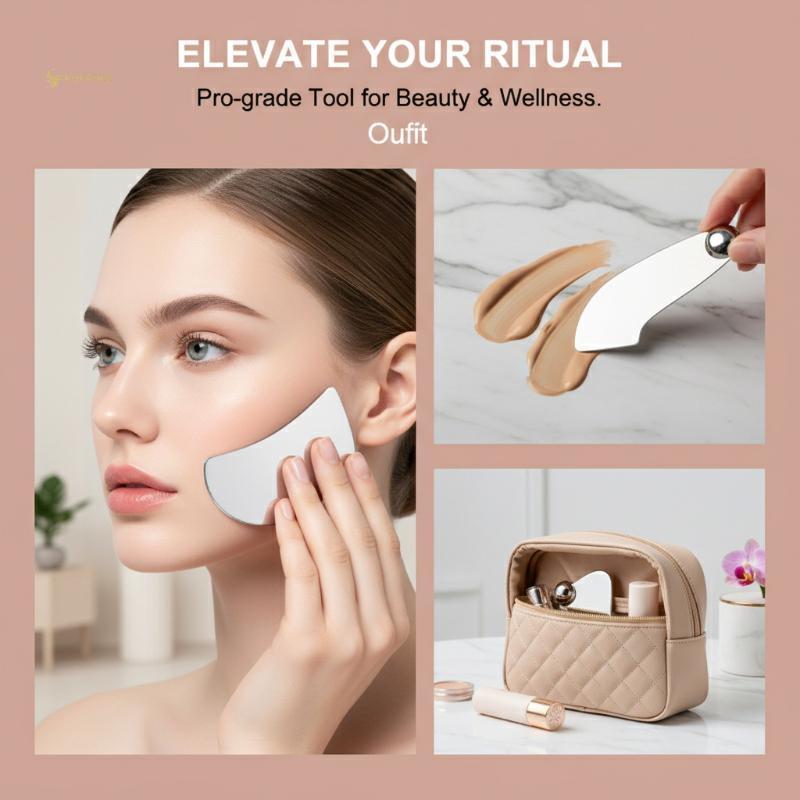 MUQV Thép không gỉ Guasha Cạp Có Túi Da Pu Kim Loại Thìa Máy Mát Xa Mặt Làm Đẹp Da Mặt Dụng Cụ Chăm 